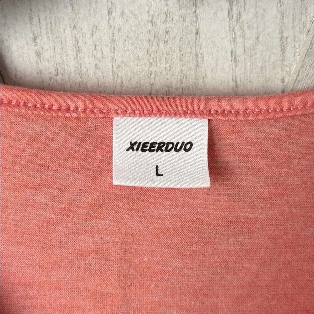 Coral V-Neck Top with Lace Sleeves - Picture 2 of 9